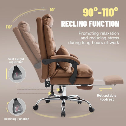 KITHOME High Back Office Chair with Footrest, 110°Reclining Leather Comfy Desk Chair with Lumber Support, Tall and High Executive Swivel Chair for Home Office, Black, White, Brown (Brown)