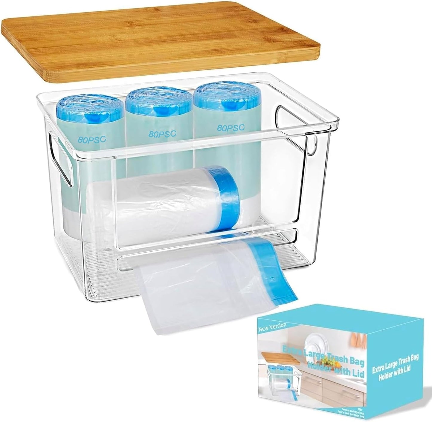 Riian Trash Bag Dispenser, Extra Large Trash Bag Holder Dispenser Roll Holder, Acrylic Pantry Organizers with Bamboo Top and Handles for Kitchen Laundry Room Organization (1 Pack)