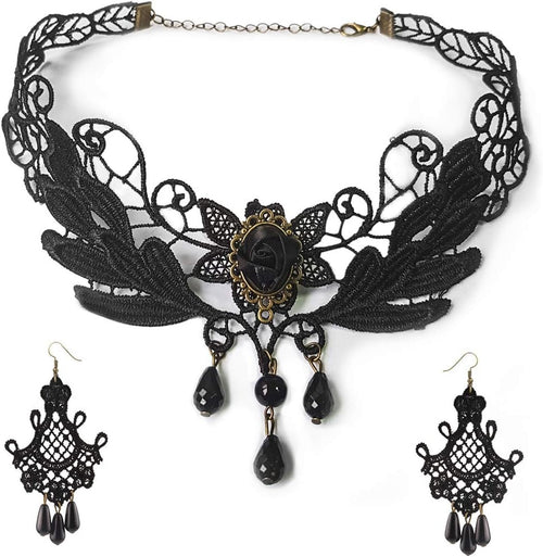 Black Lace Necklace Earrings Set - Gothic Lolita Pendant Choker Clothing Accessories for Wedding Birthday Hallowen Christmas