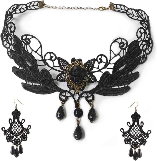 Black Lace Necklace Earrings Set - Gothic Lolita Pendant Choker Clothing Accessories for Wedding Birthday Hallowen Christmas