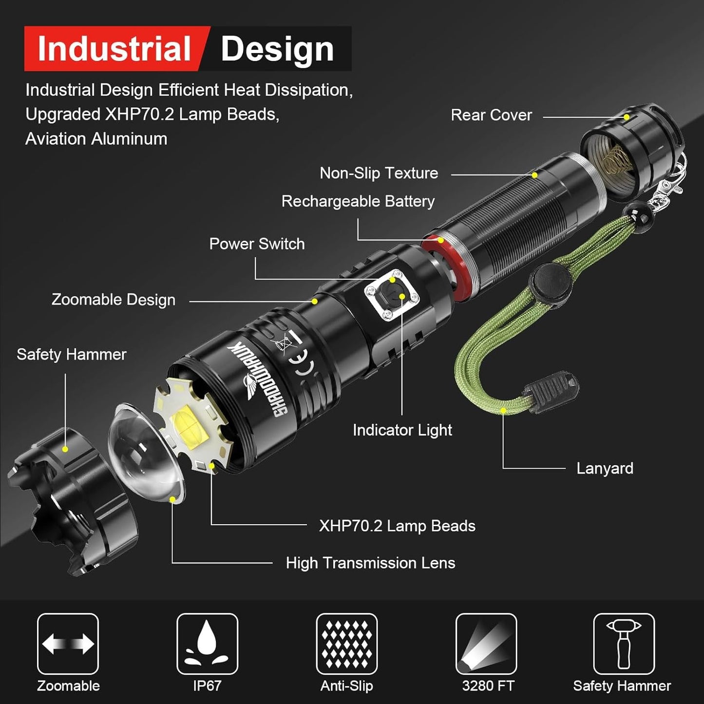 Shadowhawk Flashlight Rechargeable, Tactical Flashlight 250000 Lumens Led Flashlights, XHP70.2 Flash Light Brightest Flashlight Powerful, Military High Power Flashlight Super Bright, Camping Hiking