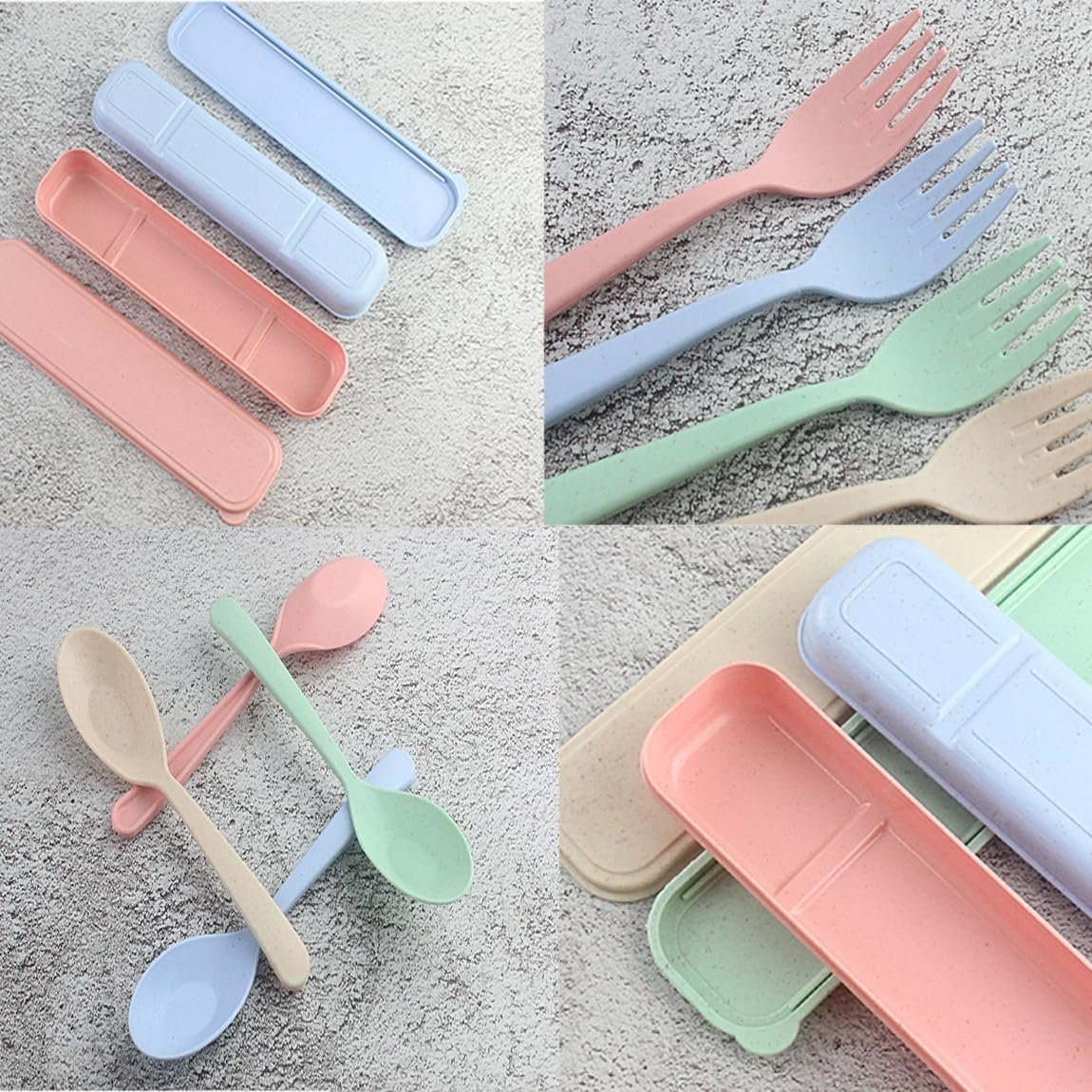 4 Sets Wheat Straw Cutlery, Food-Grade Cutlery Set, Reusable Portable Travel Utensil Set with Case, Camping Utensils Spoon Knife Fork Tableware Set, for Kids Adult (4 Colors)