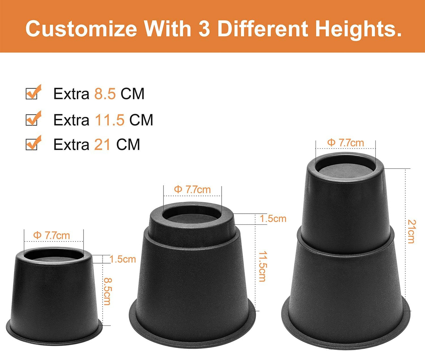 MOVEONSTEP 8 x Height Risers for Furniture, Beds, Tables, Adjustable Stands 7.5, 13, and 20.5 cm Furniture Risers Supports Up to 600 kg, 8 Pieces