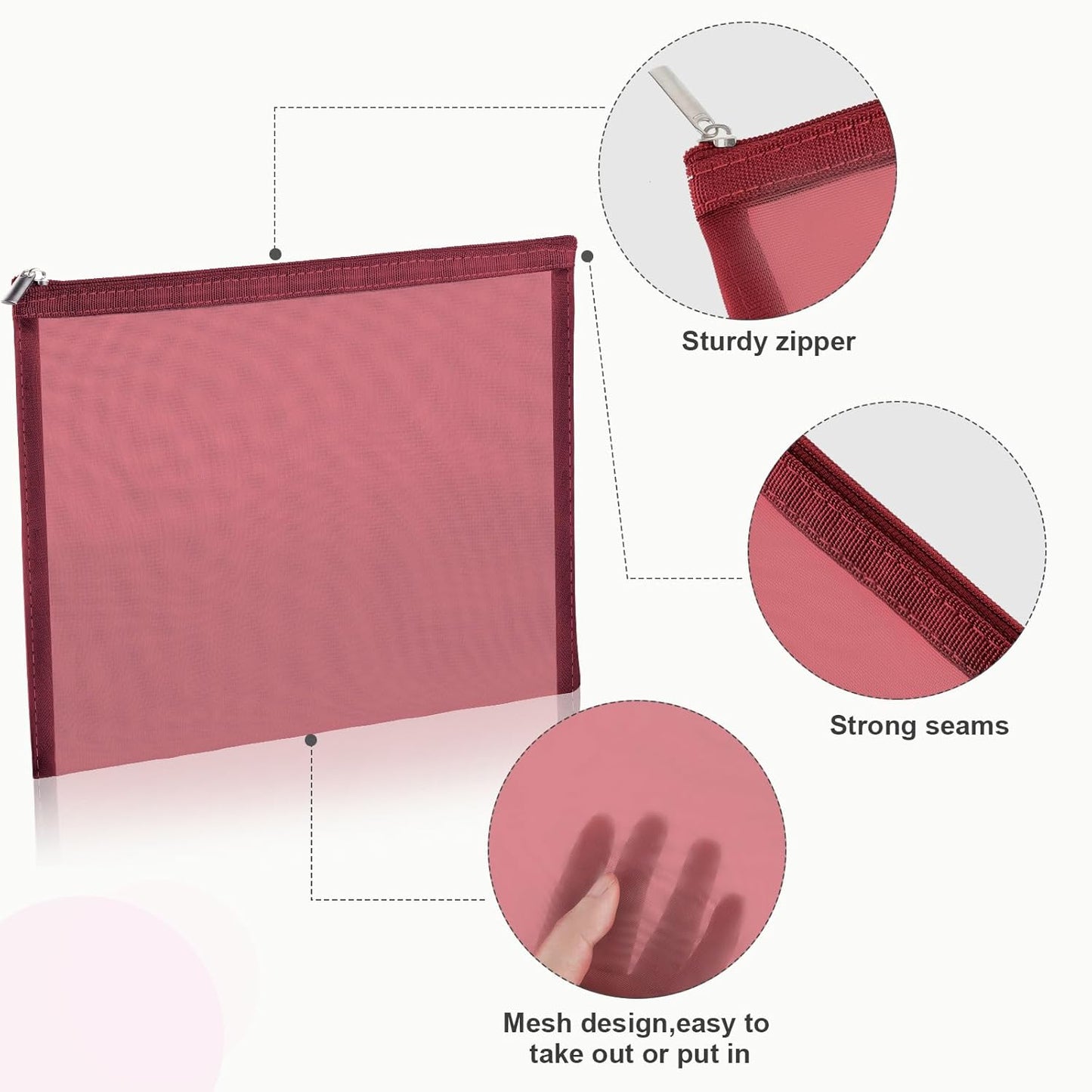6 Pieces Mesh Makeup Bags Mesh Cosmetic Bag Portable Travel Organizing Zipper Pouch Toiletries Makeup Pouches for Home Office Travel Accessories (Wine Red)
