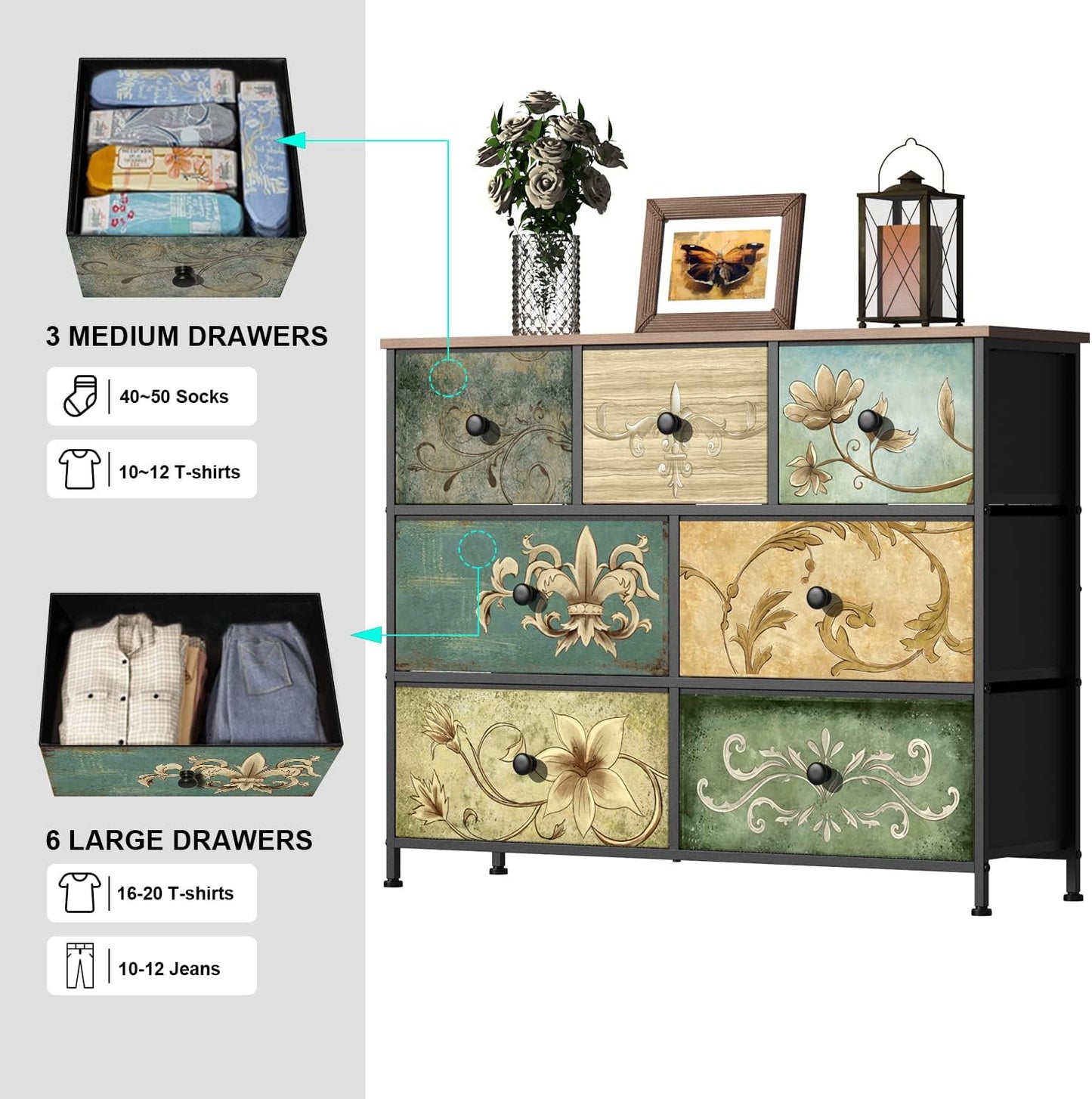 VEDECASA Bohemia 7 Drawer Dresser with Wooden Panel, Fabric Drawers, Metal Frame, Tower Dresser Organizer for Living Room, Bedroom, Hallway, VE0048