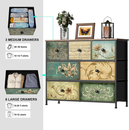 VEDECASA Bohemia 7 Drawer Dresser with Wooden Panel, Fabric Drawers, Metal Frame, Tower Dresser Organizer for Living Room, Bedroom, Hallway, VE0048