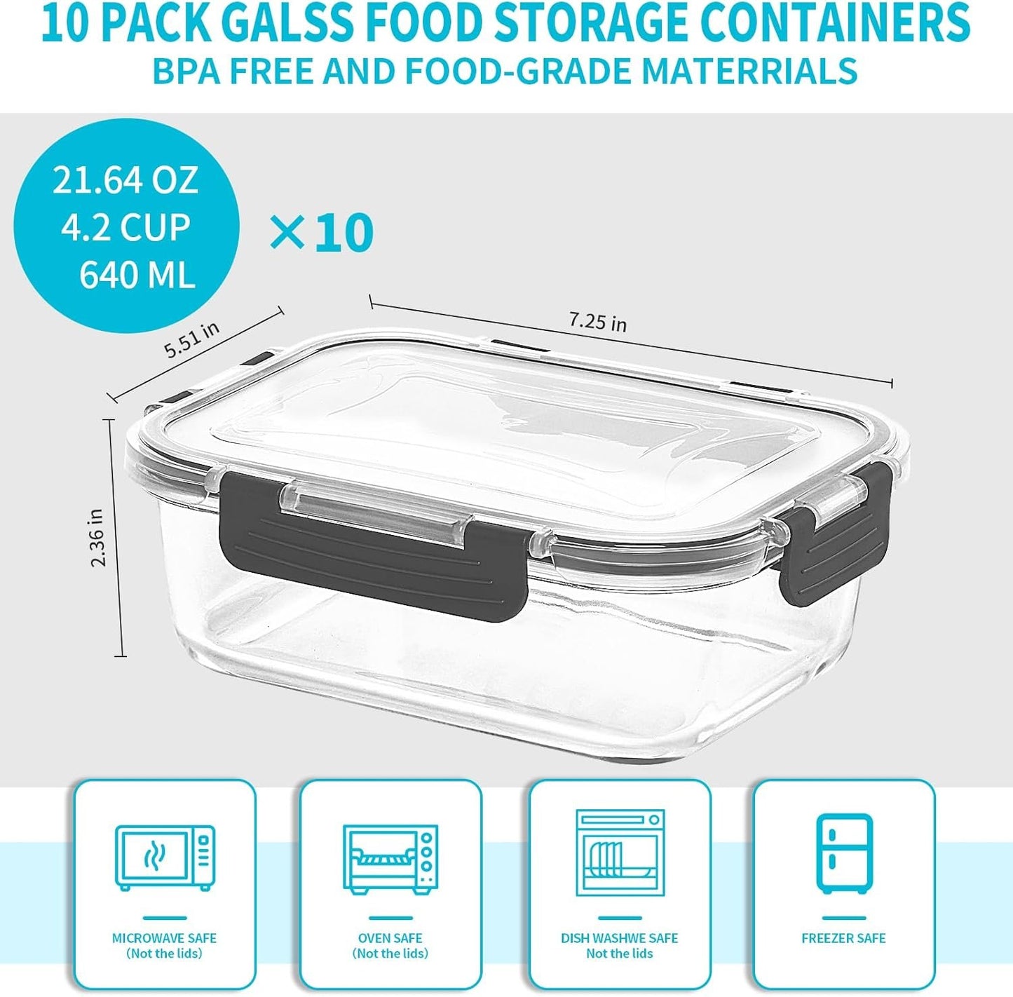Skroam 10 Pack Glass Meal Prep Containers, Glass Airtight Food Storage Containers with Lids, Pantry Kitchen Storage Containers for Lunch, Food Storage, Meal Prep, Glass Lunch Bento Boxes - 22 OZ