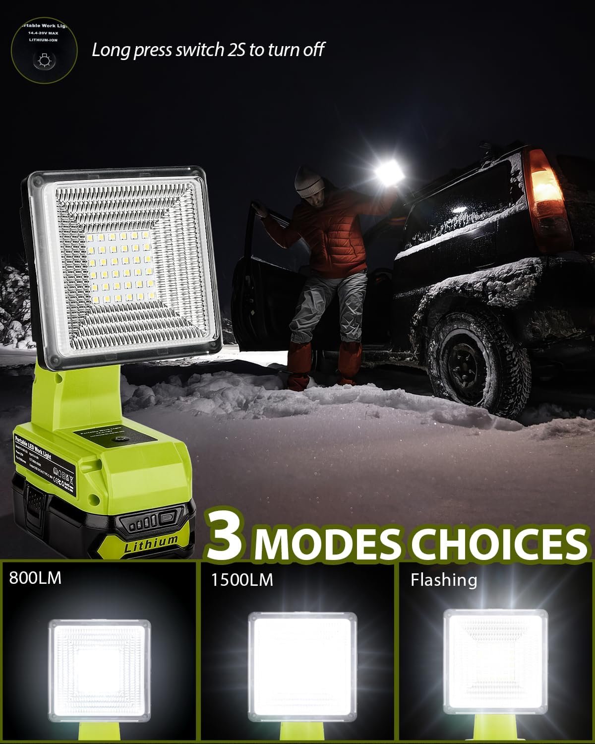 Adisipsoarin Cordless LED Work Light for Ryobi 18V Battery, 25W LED Floodlight with USB-A&USB-C 2.1A Fast Charging Ports for Jobsite, Car Repairing, Camping, Emergency