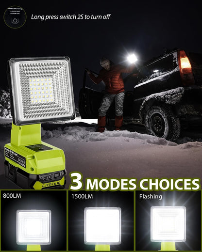 Cordless LED Work Light for Ryobi 18V Battery, 25W LED Floodlight with USB-A&USB-C 2.1A Fast Charging Ports for Jobsite, Car Repairing, Camping, Emergency