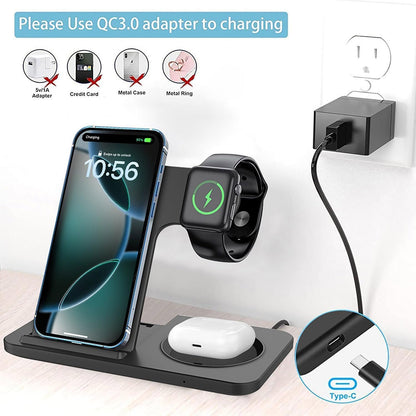 3 in 1 Wireless Charger Charging Station Foldable 15W Fast Charge Stand for iPhone 16 15 14 13 12 11 Pro Max XS XR 8 Plus,AirPods Pro2/4/3/2,Apple Watch Series 10/Ultra 2/9/8/7/6/SE/5/4/3/2,Black