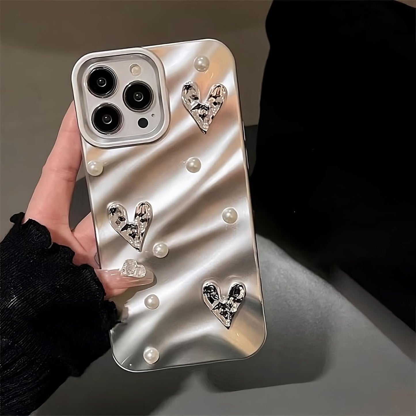 TECH Work Designed for iPhone 15 Pro Max Case, Silver Diamond Heart Fancy Luxury Designer Case for Women Girls, Shockproof Body Cover