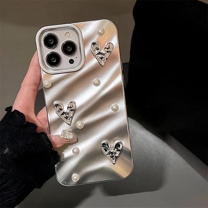 TECH Work Designed for iPhone 15 Pro Max Case, Silver Diamond Heart Fancy Luxury Designer Case for Women Girls, Shockproof Body Cover