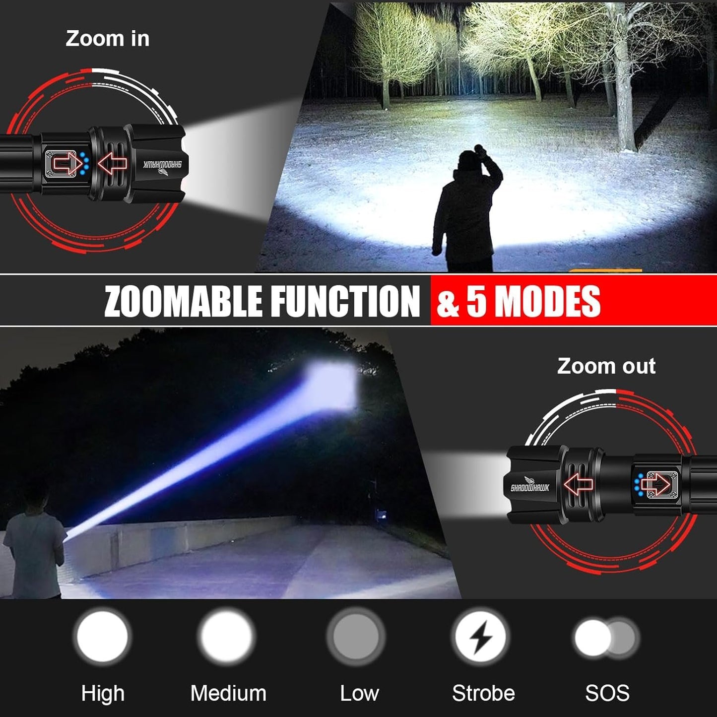 Shadowhawk Flashlight Rechargeable, 990000lm Flash Light Led flashlights high lumens, Super Bright Flashlight Tactical, XHP70.2 Powerful Flashlight USB,Waterproof Lampe de poche for Camping Emergency
