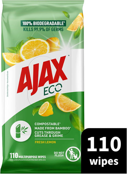 Ajax Eco Antibacterial Disinfectant Surface Cleaning Wipes, Bulk 110 Pack, Fresh Lemon, Multipurpose, Biodegradable and Compostable, Made with Bamboo Fibres