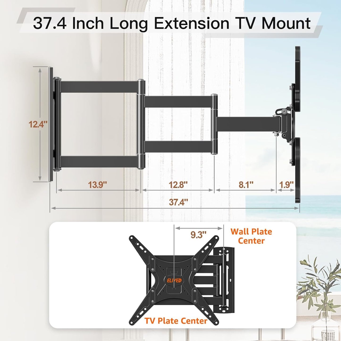 ELIVED Outdoor Long Arm TV Wall Mount for Most 26-65 Inch TVs, 37.4 Inch Long Extension TV Mount Swivel and Tilt, Max VESA 400x400mm, Full Motion Weatherproof Wall Mount tv Bracket Holds up to 77 lbs.