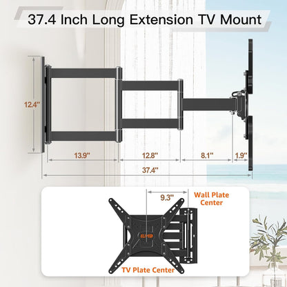 ELIVED Outdoor Long Arm TV Wall Mount for Most 26-65 Inch TVs, 37.4 Inch Long Extension TV Mount Swivel and Tilt, Max VESA 400x400mm, Full Motion Weatherproof Wall Mount tv Bracket Holds up to 77 lbs.
