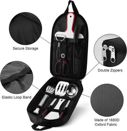 Odoland 8pcs Camping Kitchen Utensil Set, Cooking Utensil Organizer with Water Resistant Case for BBQ, Travel,Camping, Hiking, Cooking and Outdoor Activities