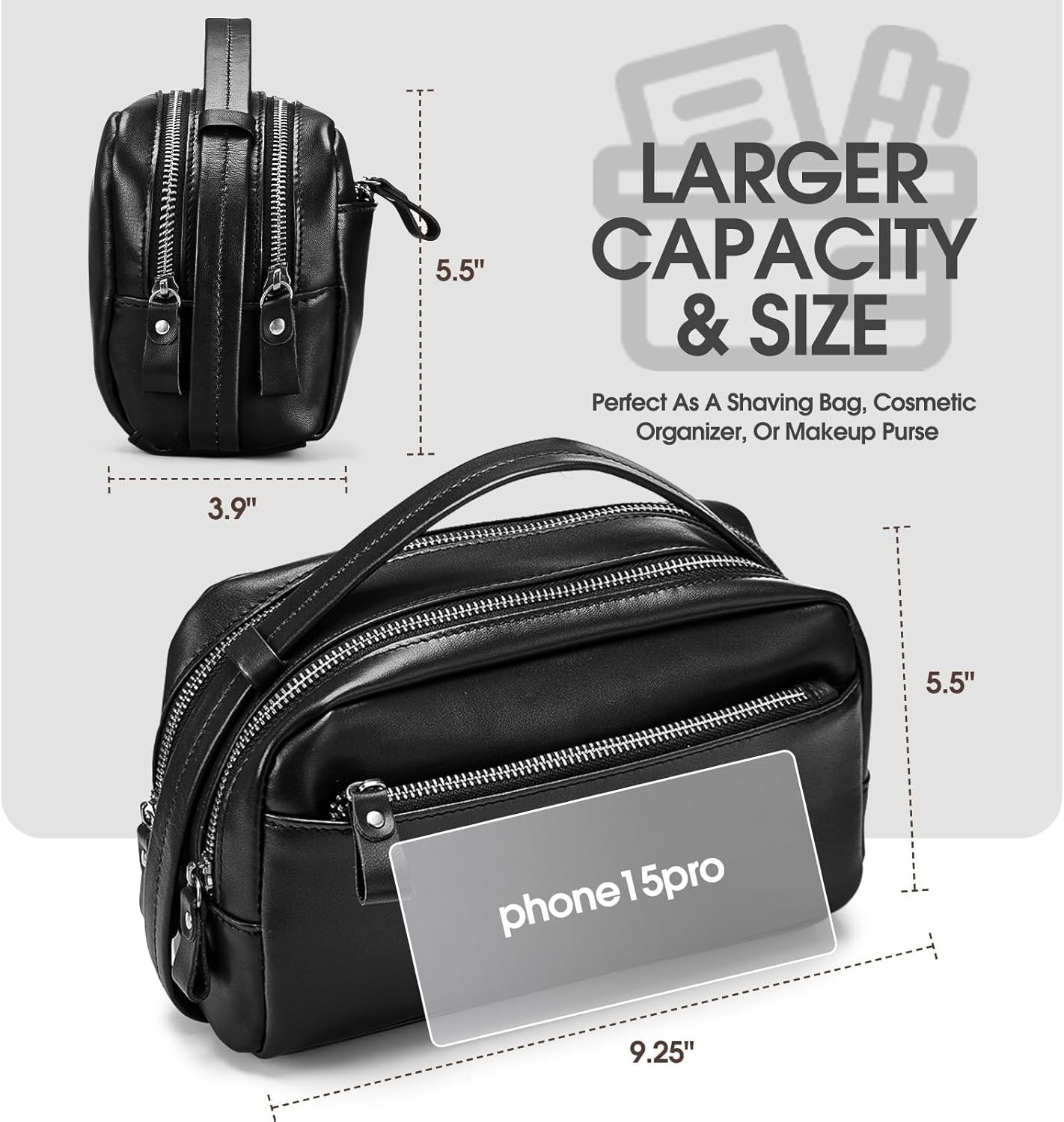 Travel Toiletry Bag for Men Hanging Dopp Kit - 100% Genuine Leather Mens Travel Organizer- Shaving Bag for Toiletries Accessories with Large Capacity -Best Gift for Husband Father Boyfriend, Black