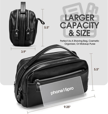 Travel Toiletry Bag for Men Hanging Dopp Kit - 100% Genuine Leather Mens Travel Organizer- Shaving Bag for Toiletries Accessories with Large Capacity -Best Gift for Husband Father Boyfriend, Black