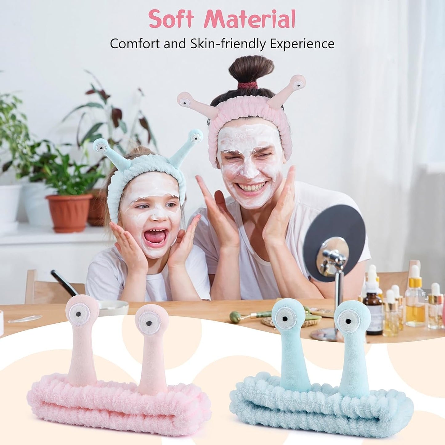 Umshlem 2 Pack Face Wash Headband Snail Spa Hair Bands Makeup Headbands Cartoon Cute Coral Fleece Elastic Headband Creative Hair Accessories for Washing Face Shower Beauty Skincare - Pink and Blue