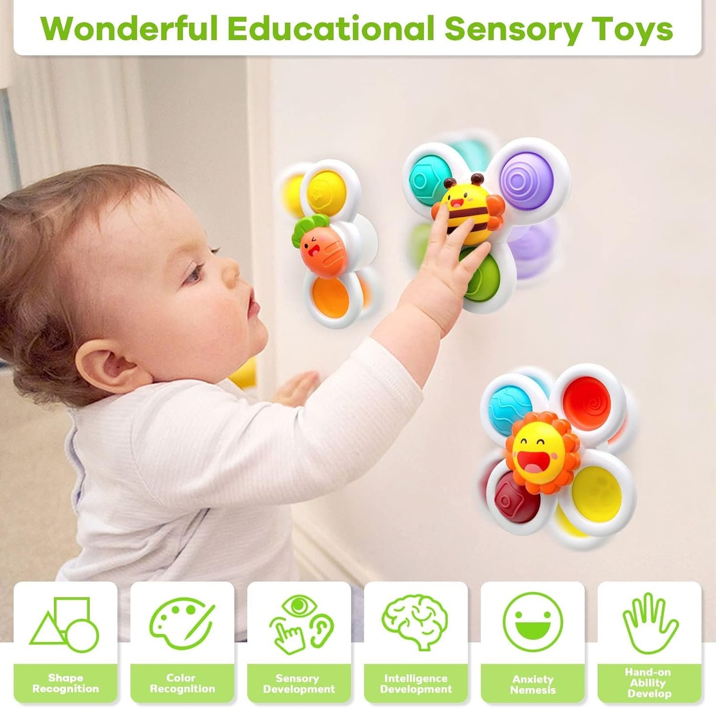 Suction Cup Spinner Toys for Baby, Baby Toys Sensory Toys Learning Toys for Toddlers 1-3, Baby Bath Toys for Babies 12-18 Months, 1 2 3 Year Old Girl Boy Gifts Idea (3 Pcs)