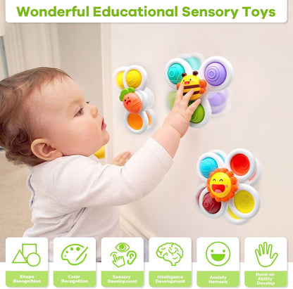 Suction Cup Spinner Toys for Baby, Baby Toys Sensory Toys Learning Toys for Toddlers 1-3, Baby Bath Toys for Babies 12-18 Months, 1 2 3 Year Old Girl Boy Gifts Idea (3 Pcs)
