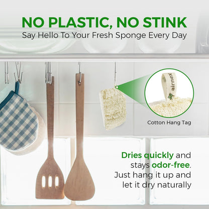 Natural Loofah Sponges for Dishes - Compostable Loofah and Cellulose Kitchen Sponges Pack of 6 - Plastic Free Loofah Dish Sponges Kitchen with Cotton Hanging Loop