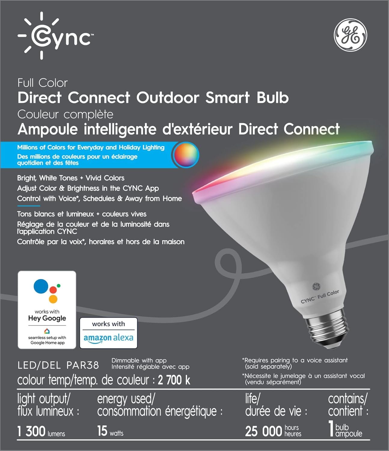 GE CYNC Outdoor Smart Bulb PAR38 Full Color 90W Replacement, Bluetooth/Wi-Fi Enabled, Works with Alexa, Google Assistant Without Hub