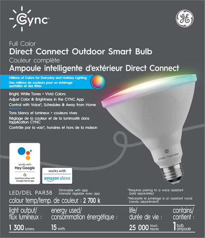 GE CYNC Outdoor Smart Bulb PAR38 Full Color 90W Replacement, Bluetooth/Wi-Fi Enabled, Works with Alexa, Google Assistant Without Hub