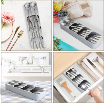 2 Pack Kitchen Cutlery Drawer Organizer Tray for Silverwave, Forks, Spoons, Table Knives, Straw Gadget, Plastic Flatware Organizer Utensil Holder Storage Box - Gray