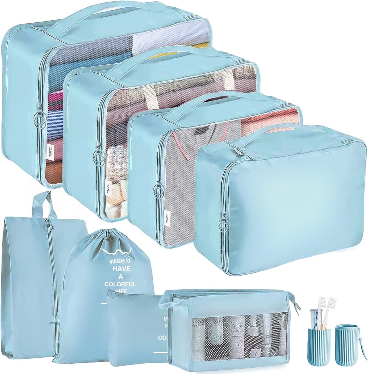 Jsdoin Suitcase Packing Cubes, 9 Pieces Travel Organizer for Backpack, Waterproof Travel Essential Bag, Travel Accessories (Blue)