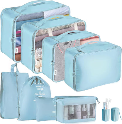 Jsdoin Suitcase Packing Cubes, 9 Pieces Travel Organizer for Backpack, Waterproof Travel Essential Bag, Travel Accessories (Blue)