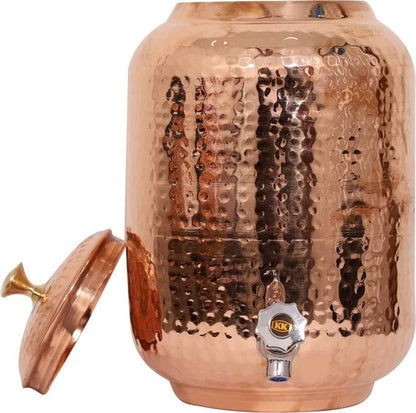 Hand Crunch Pure copper drinkware water dispenser - 8L- hammered finish- Pot ayurveda health healing 8 Liter storage capacity water container tank with 2 matching tumbler glasses & 1 copper Bottle