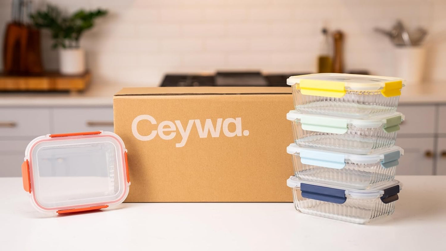 Ceywa 5-Pack 36 oz Sculpted Glass Food Storage Containers with Lids - Borosilicate Glass Meal Prep Container - Airtight, Leak-Proof Food Prep Containers, Microwave, Freezer, Oven Safe & BPA Free