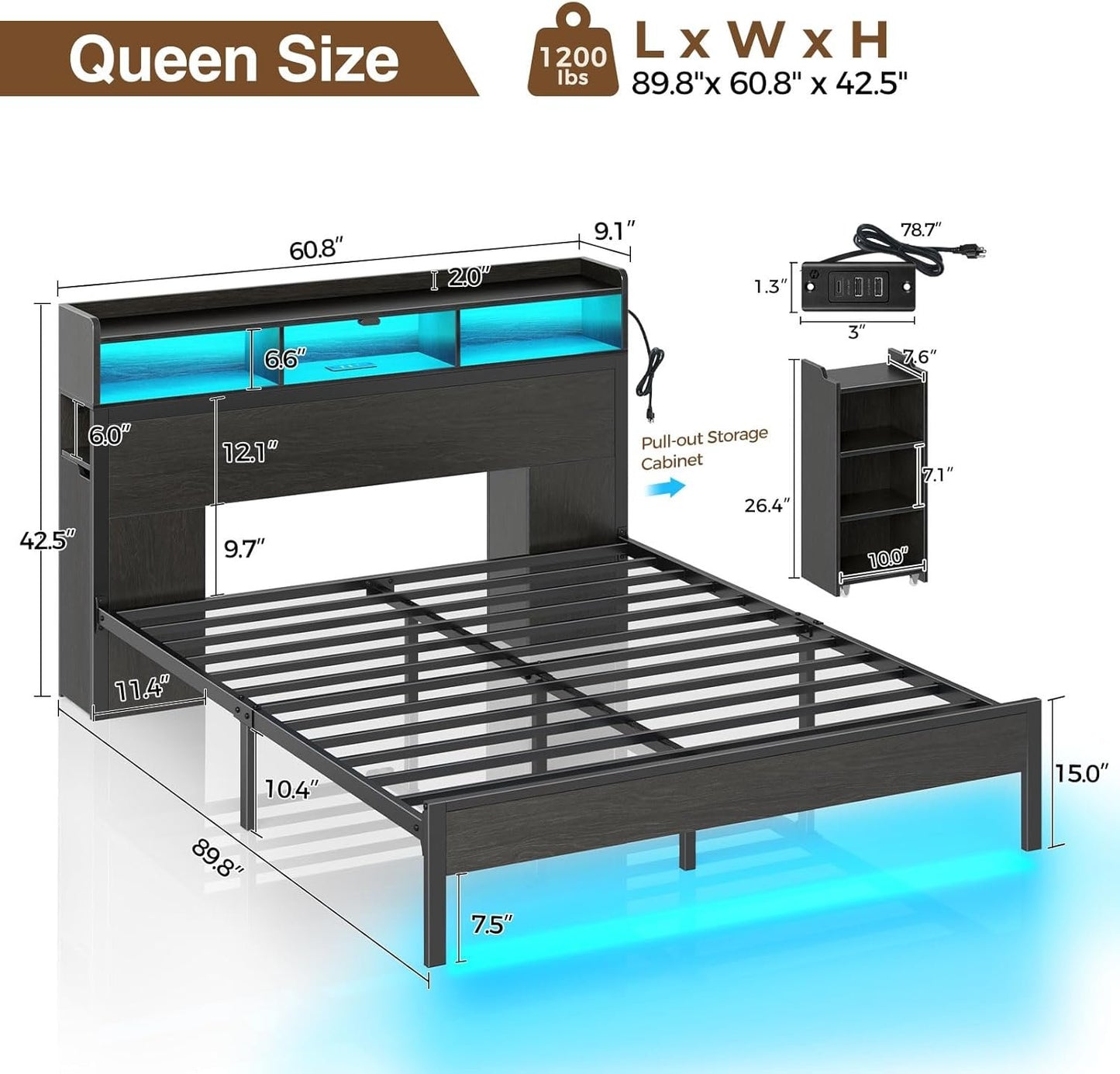 Rolanstar Bed Frame Queen Size with Bookcase Storage Headboard, Slide Out Bedside Storage Table, Bed with Charging Station & LED Lights, Heavy Duty Metal Slats, No Box Spring Needed, Noise Free, Black