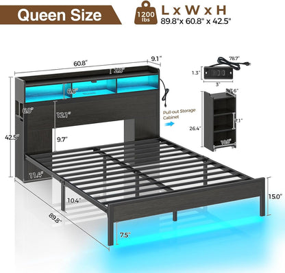 Rolanstar Bed Frame Queen Size with Bookcase Storage Headboard, Slide Out Bedside Storage Table, Bed with Charging Station & LED Lights, Heavy Duty Metal Slats, No Box Spring Needed, Noise Free, Black