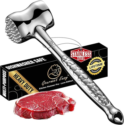 Meat Tenderizer Mallet Stainless Steel, Premium Meat Hammer Tenderizer with New Heart Design, Kitchen Mallet for Chicken, Conch, Veal Cutlets & Beef, Steak Pounder Flattener with 5 years Warranty