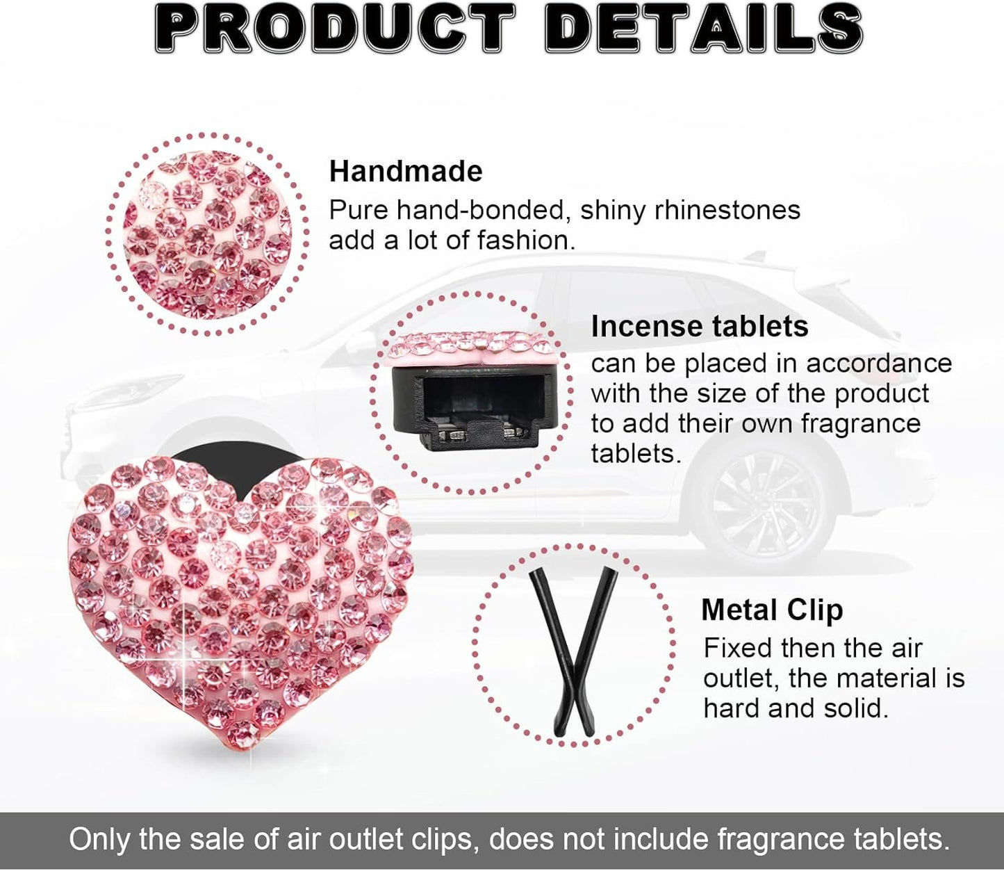 2Pcs Bling Crystal Heart Charms Car Air Vent Clips, Conditioning Outlet Decorative Accessories Universal for Women and Men (Pink)