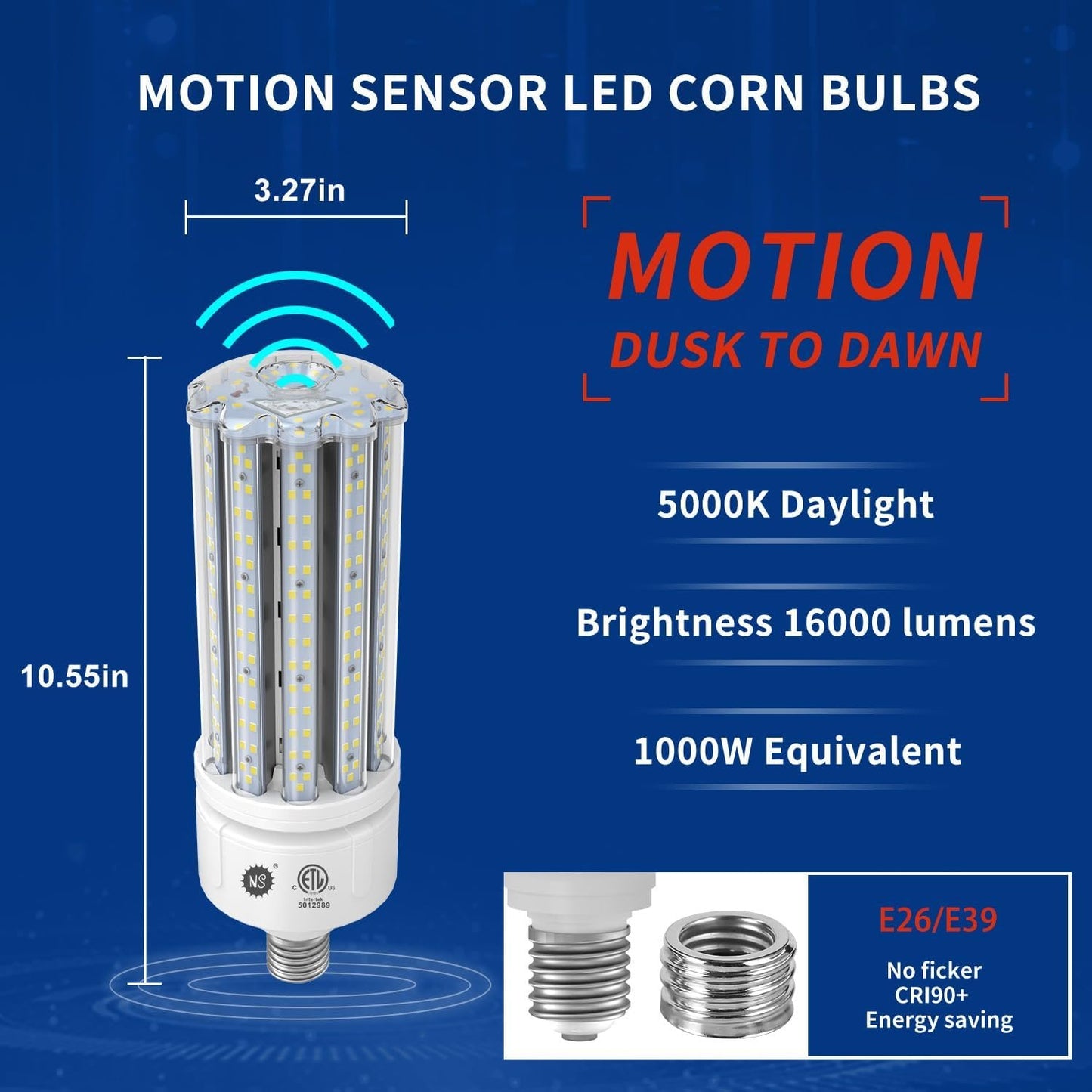 100W Smart LED Bulb with Motion & Dusk-to-Dawn Sensor (16,000LM 5000K | CRI 90 | Flicker-Free) - E26/E39 Base - A19 Shape Aluminum Cooling Core - ETL Certified.Not Dimmable & Hub APP Remote.