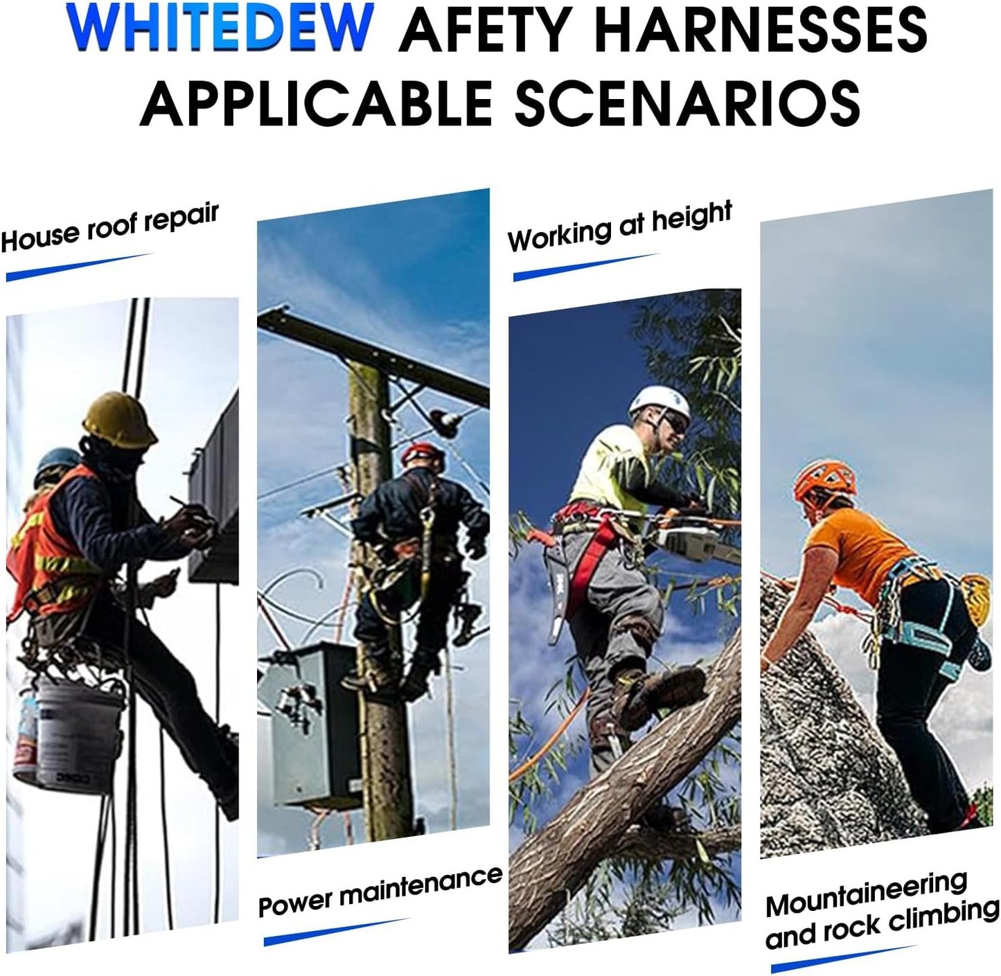 Fall Protection Premium Safety Harness with Shock Absorbing Lanyard, Roofing Constructio Harness, Vented & Padded Shoulder, Legs & Back - Upgrade 4 Quick Buckles (Blue)