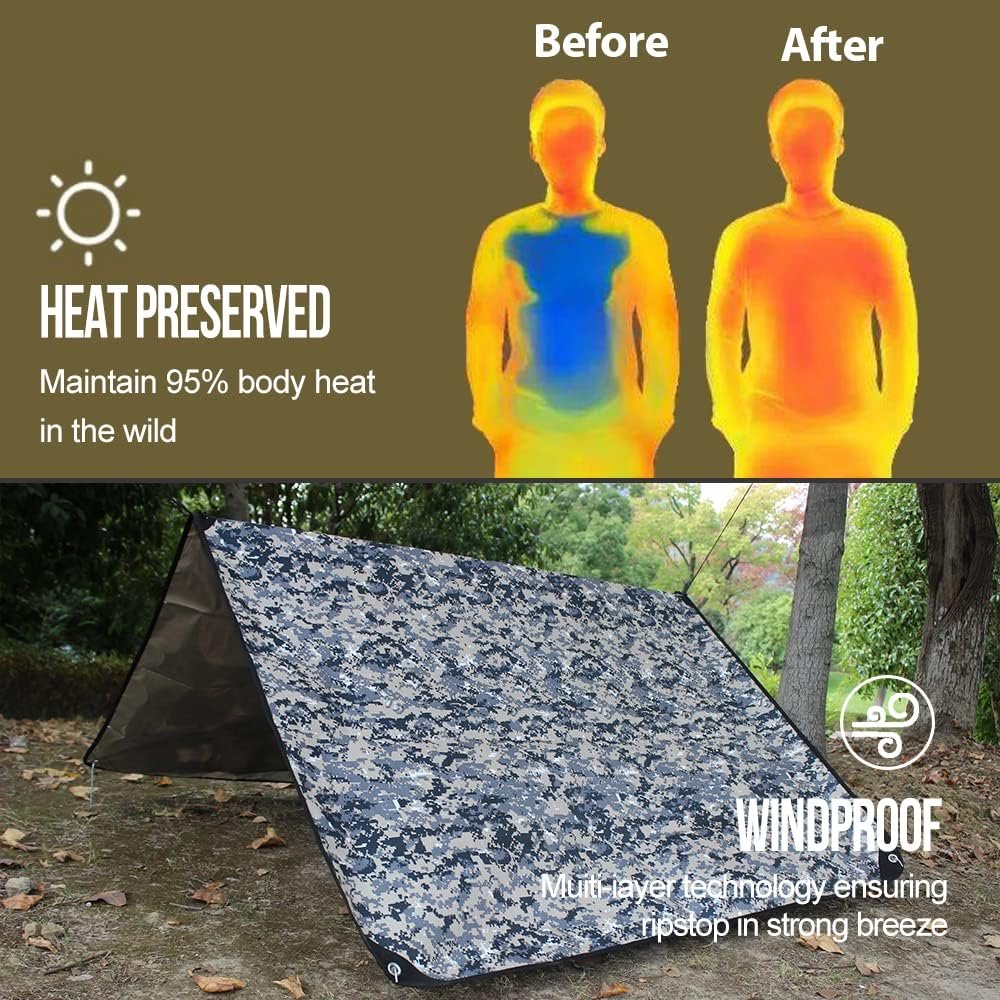 Wild Masquerade:LYN Heavy Duty Camo/Camouflage Transformative Emergency Survival Blanket/Tent-XL,Thermal Space Mylar Waterproof with Stake for Camping,Army,Tarp,Hiking,Mountaining&Survival Gear