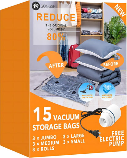 15 Pack Vacuum Storage Bags with Electric Pump (3 Jumbo, 3 Large, 3 Medium, 3 Small, 3 Roll Up), Space Saver Sealer Compression Bags for Blankets, Comforters, Pillows, Clothes Storage