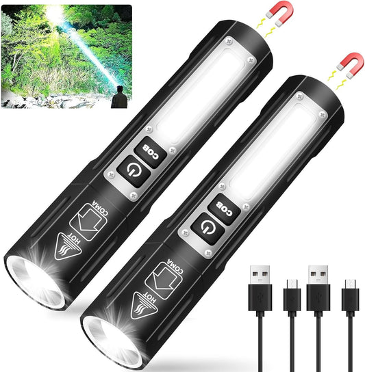 LED Rechargeable Magnetic Flashlights - Super Bright Long Beam Pocket Powerful Flashlight 8 Modes with COB Work Light, Dual Button Tactical Small Flashlight for Camping Emergency