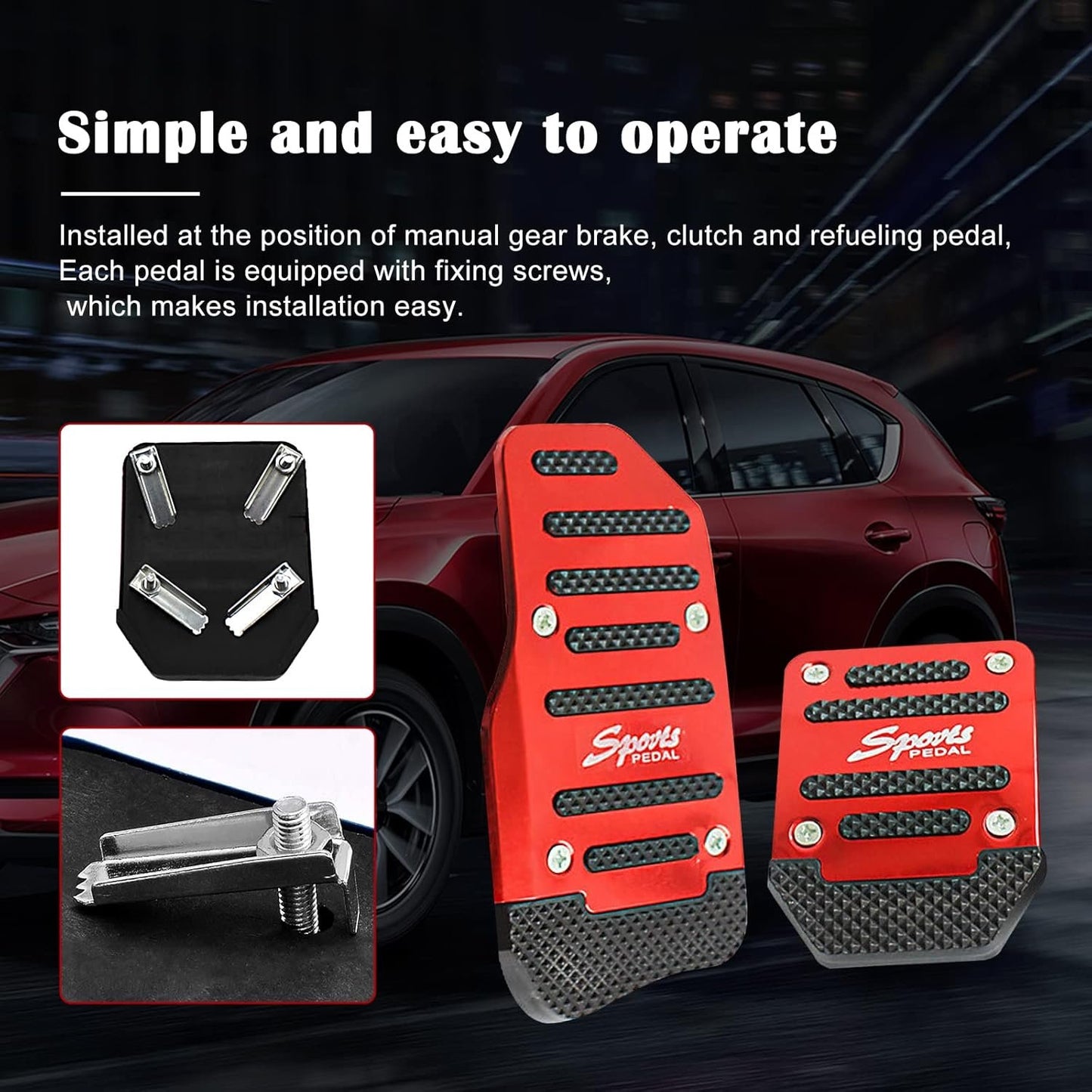 jeseny 3 PCS Car Non-Slip Aluminum Alloy Pedal Pads, Manual/Automatic Gearbox Gas Pedal Brake Pedal Cover, Anti-rubbing Car Clutch Pedal Kits, Auto Universal Replacement Accessories (Red)