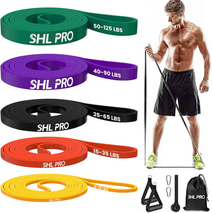 SHL PRO Elastic Resistance Bands, Set of 5 with Accessory Kit, Elastic Fitness Band for Workout Stretching Powerlifting Resistance, Strength Training and Physical Therapy