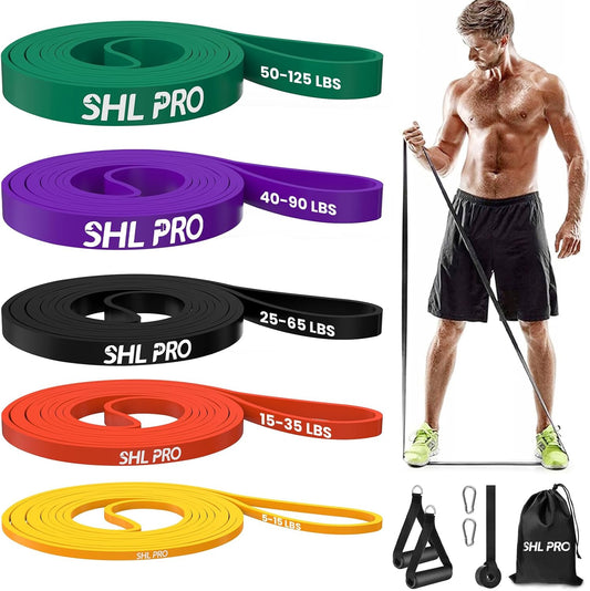 SHL PRO Elastic Resistance Bands, Set of 5 with Accessory Kit, Elastic Fitness Band for Workout Stretching Powerlifting Resistance, Strength Training and Physical Therapy