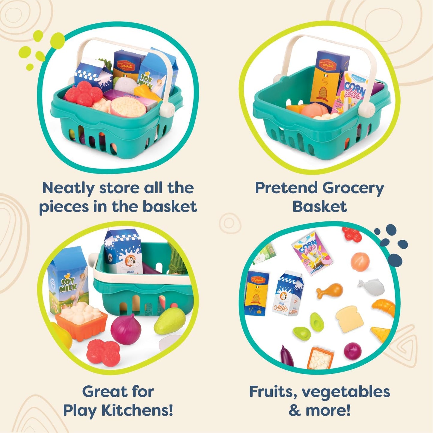 B. toys – Play Food & Basket – 18 Pieces of Toy Food – Grocery, Cooking, Play Kitchen Toys – Pretend Play Set for Toddlers, Kids – 2 Years + – Freshly Picked
