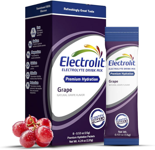 Electrolit Electrolyte Powder | Flavored Hydrating Drink Mixes for Dehydration Relief and Rapid Rehydration | Recovery Hydration Powder for Post Workout (8 Packets, Grape)