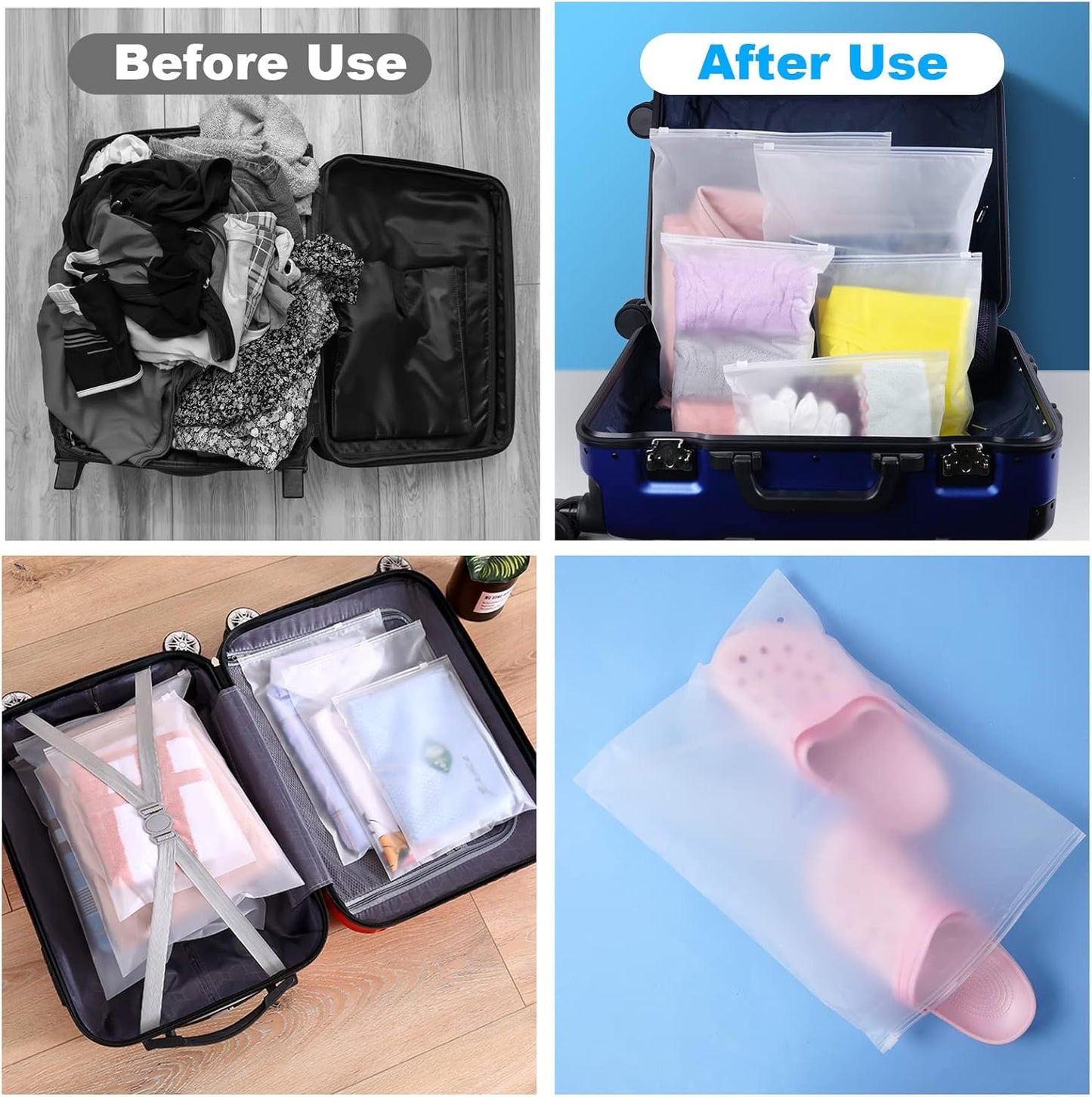 OSDUE Waterproof Travel Bags, 15 Pieces Clear Resealable Zip Bag, Multi-Function Bag Organizer, Garment Bags for Clothes, Underwear, Cosmetics 5 Sizes, Transparent-15pcs, 15pcs