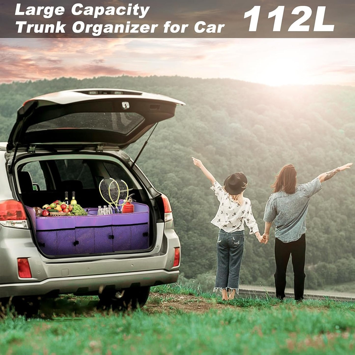 GPUSFAK Purple Car Trunk Organizer with Cooler Bag - 3 Compartment Collapsible Car Storage Organizer for SUV